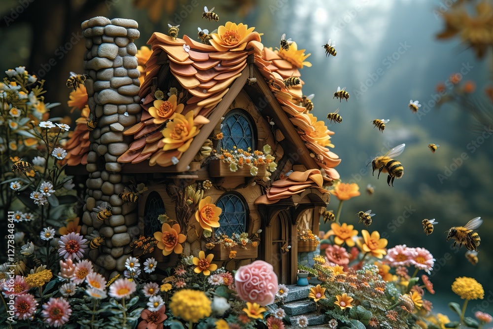 Obraz premium A serene landscape filled with cottages, bees, and natural hives