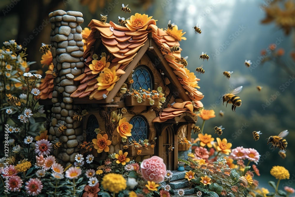Obraz premium A lovely rural panorama with houses, bees, and wooden hives