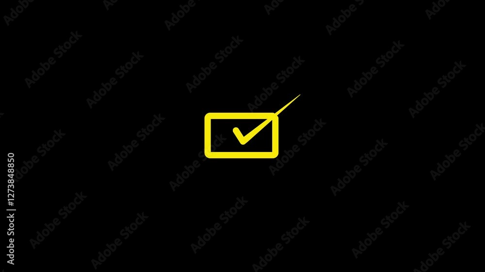 Neon glowing rectangle in check mark on yellow color black background 4k video animation. Neon glowing rectangle in check mark on yellow color black background 4k video animation.