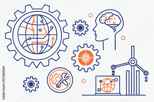  Technology icons, artificial intelligence symbols, machine learning graphics, blue and orange color scheme, minimalist design, circuit patterns, brain imagery, global network connections, gear mech