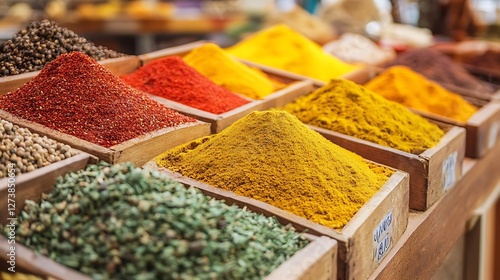 Colorful Spices Displayed in Wooden Bins at Market for Sale