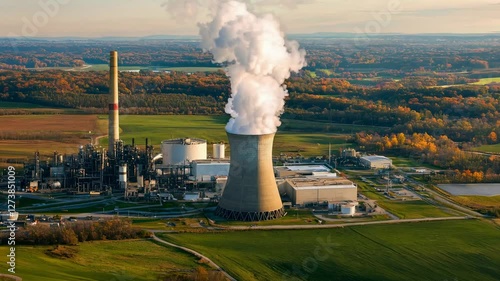 Wallpaper Mural Aerial view of a power plant with smoke billowing from a cooling tower, set against a green landscape, ideal for an industrial-themed video. Torontodigital.ca