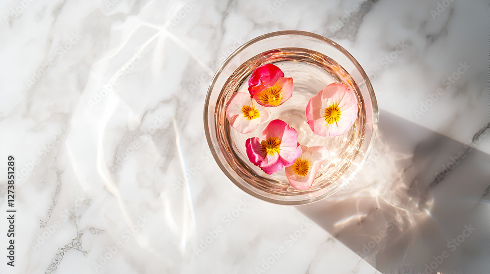 Floral serenity: Delicate blossoms floating in crystal-clear water, creating a calming, artistic display. Floral serenity: Delicate blossoms floating in crystal-clear water, creating a calming, artistic display.