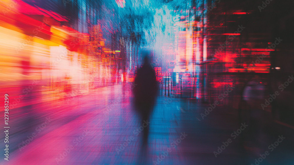 Abstract Blurred Figure Walking in a Cityscape at Night