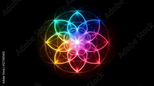 A sacred geometry mandala pulsating with rainbow energy