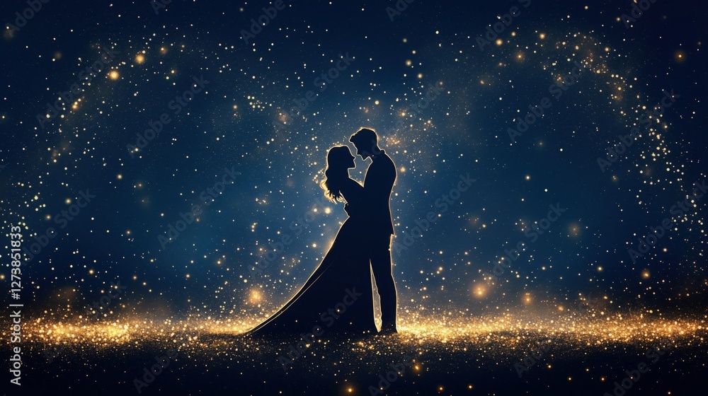 Obraz premium Couple dancing under a starry night sky with sparkling stars and a romantic atmosphere