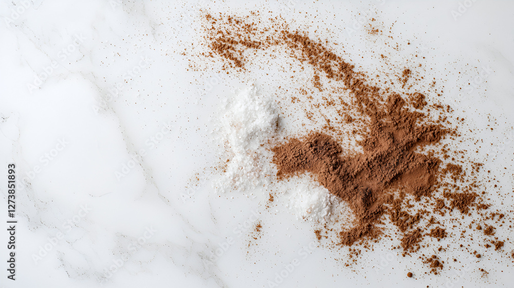 A minimalist shot of two piles of spices arranged artfully on a marble background, highlighting textures. A minimalist shot of two piles of spices arranged artfully on a marble background, highlighting textures.