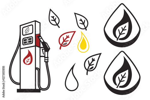  Gas pump nozzles, minimalist icons, fuel droplets, black and white design, red and yellow accents, simple vector graphics, energy symbols, petroleum industry, gasoline dispensers, clean lines, flat