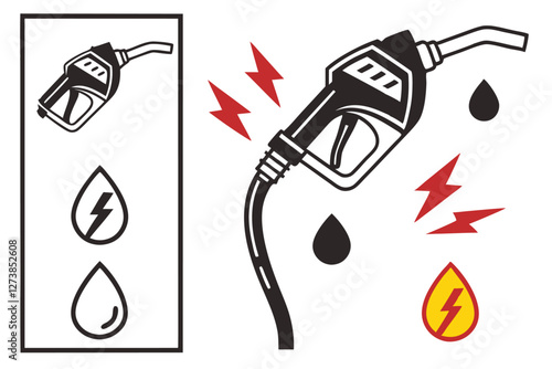  Gas pump nozzles, minimalist icons, fuel droplets, black and white design, red and yellow accents, simple vector graphics, energy symbols, petroleum industry, gasoline dispensers, clean lines, flat photo