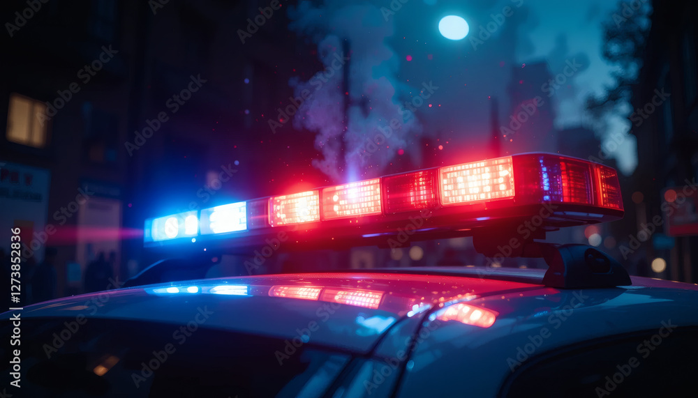 Obraz premium Police car flashing red and blue lights creating dramatic intensity and urgency on the surrounding area