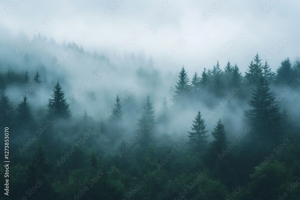 Misty forest landscape with fog covering evergreen trees Misty forest landscape with fog covering evergreen trees
