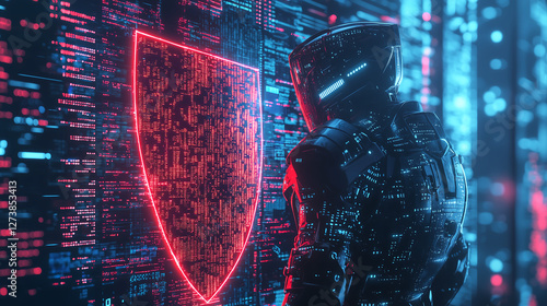 Cybersecurity warrior in digital armor deflecting data breaches and cyberattacks representing futuristic protection artificial intelligence and advanced network security in a high tech cyber world photo