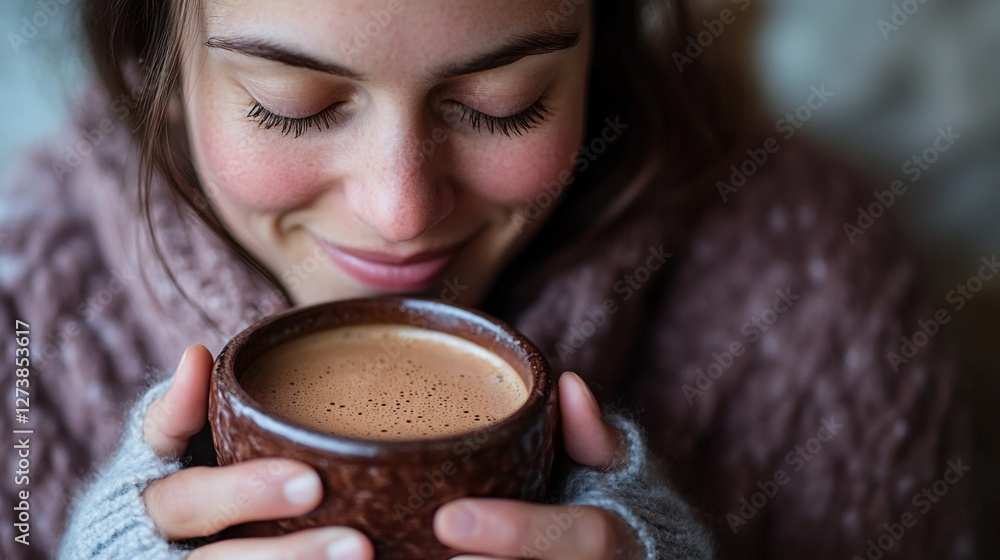 Woman Enjoying Cozy Hot Chocolate Moment in Winter Woman Enjoying Cozy Hot Chocolate Moment in Winter