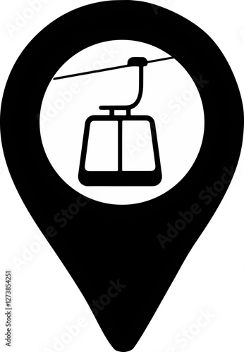 A black location pin  map  icon for   funicular  on a transparent  background, symbolizing navigation or GPS positioning