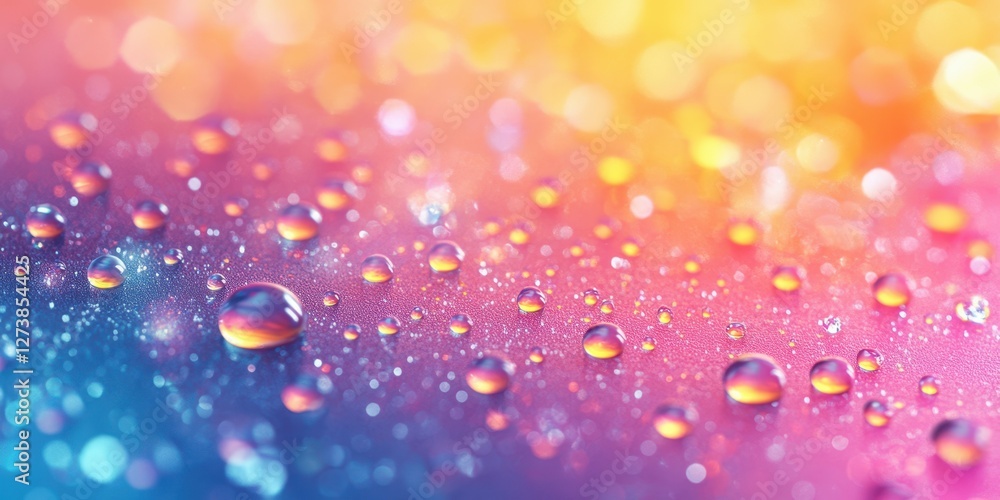 Colorful water droplets reflecting light on a vibrant, gradient background in an artistic composition Colorful water droplets reflecting light on a vibrant, gradient background in an artistic composition