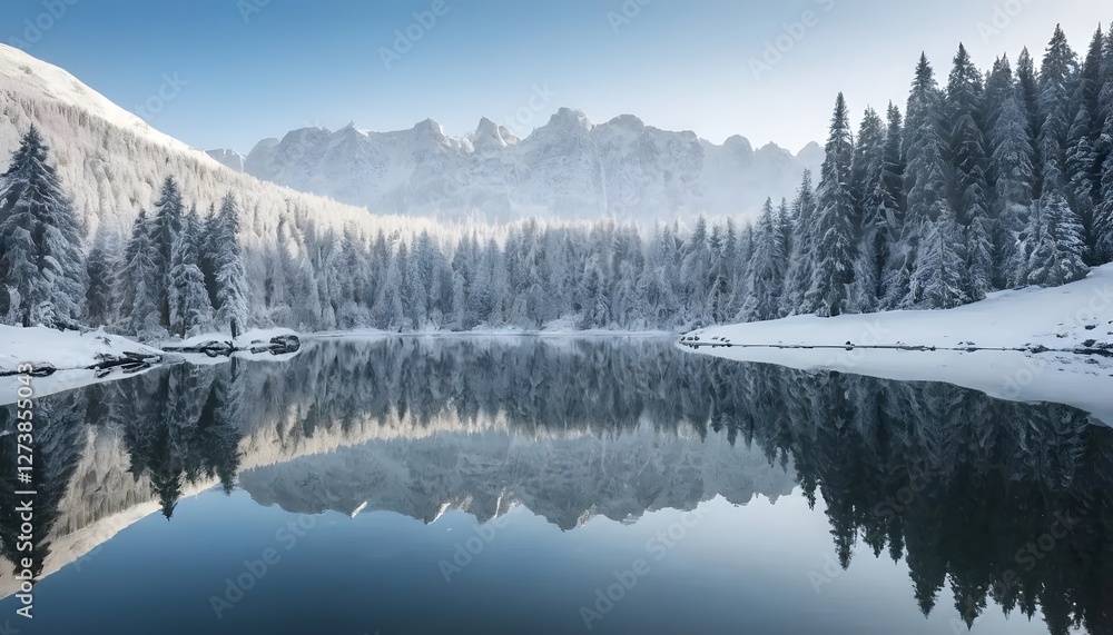 Serene Winter Landscape Snow Covered Mountains Reflected in a Calm Lake Serene Winter Landscape Snow Covered Mountains Reflected in a Calm Lake
