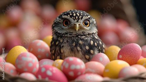 Spotted owl nestled among colorful easter eggs in festive setting. Easter, Pascha, Paskha, Ostern, Pascua, Paques - Orthodox and Catholic Holiday celebration photo