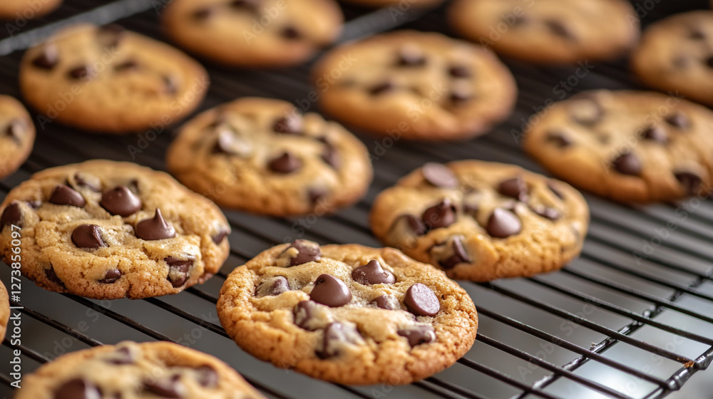 Freshly Baked Chocolate Chip Cookies on Cooling Rack Freshly Baked Chocolate Chip Cookies on Cooling Rack