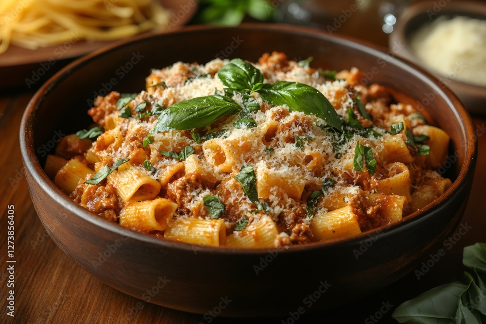 Delicious pasta with meat sauce, basil, and grated cheese being served in wooden bowl Delicious pasta with meat sauce, basil, and grated cheese being served in wooden bowl