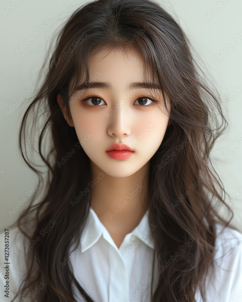 A close-up portrait of a young woman with beautiful features.