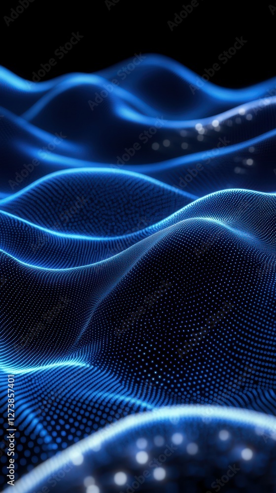 Abstract representation of glowing blue waves against a dark background in a digital context Abstract representation of glowing blue waves against a dark background in a digital context