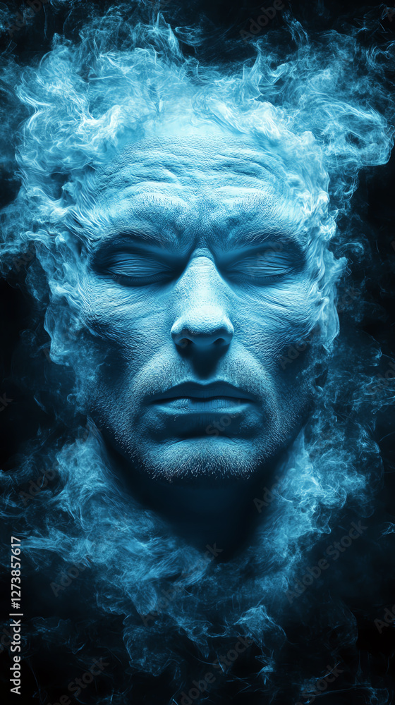 A serene face surrounded by ethereal blue smoke and light. A serene face surrounded by ethereal blue smoke and light.