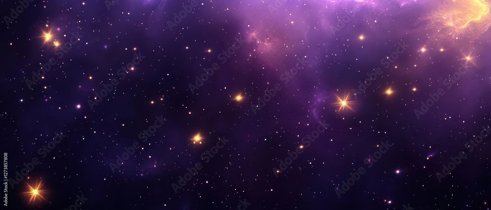 Fototapeta premium Dark purple galaxy with luminous golden stars, cosmic and elegant backdrop