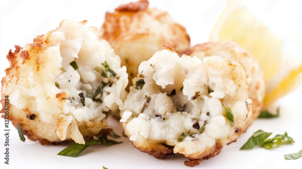Golden Codfish Cakes with Lemon and Parsley on a White Background Macro Shot