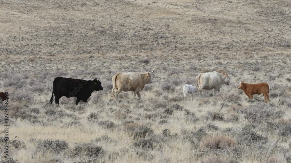 Cows and calves roam the open range in the high desert near Pyramid Lake, Nevada, grazing among sagebrush in a remote ranching landscape. Cows and calves roam the open range in the high desert near Pyramid Lake, Nevada, grazing among sagebrush in a remote ranching landscape.