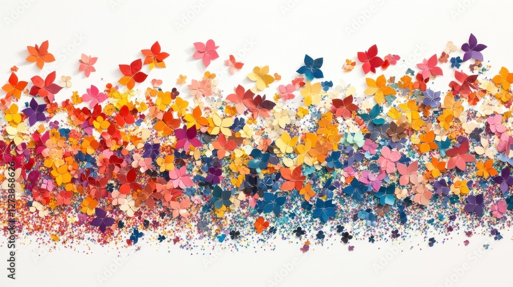A vibrant arrangement of colorful paper butterflies and flowers creating a lively visual display. A vibrant arrangement of colorful paper butterflies and flowers creating a lively visual display.