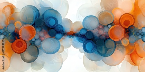 Vibrant abstraction with interlocking orange, blue, and gray circles, creating dynamic depth and visual intrigue in this mesmerizing digital artwork