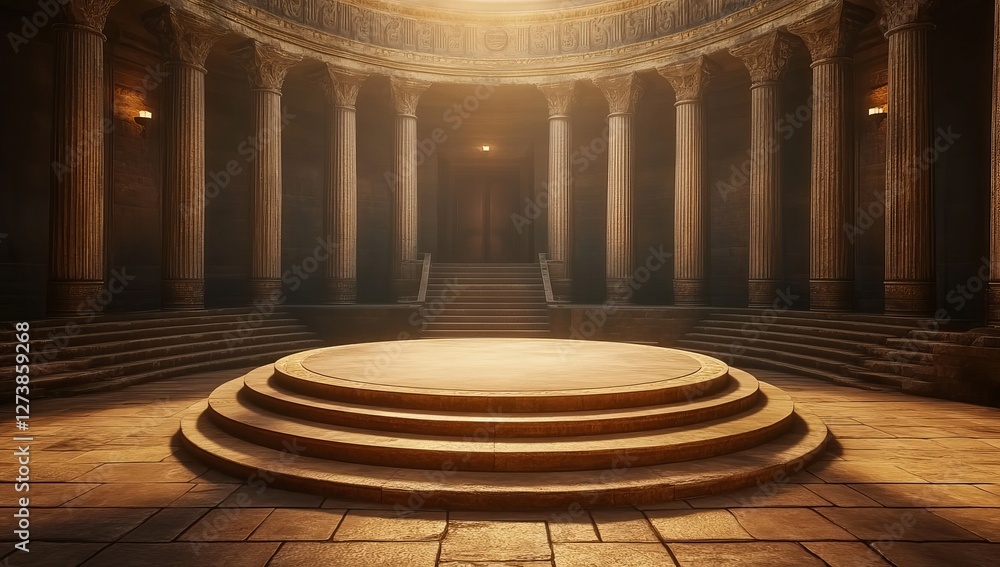 Obraz premium A large circular platform with steps in the center of ancient Greek-style library, illuminated by soft lighting from candles and lamps on the walls. The background is a dark blue with columns.