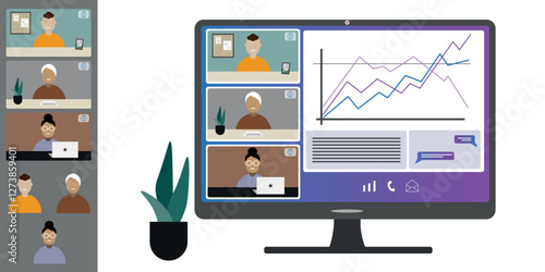 Video call conference, working from home. Colleagues of different nationalities and ages talk to each other on computer screen. Isolated illustration on white background in flat style trendy colors