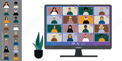 Video call conference, working from home. Colleagues of different nationalities and ages talk to each other on computer screen. Isolated illustration on white background in flat style trendy colors