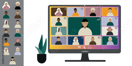 Video call conference, working from home. Colleagues of different nationalities and ages talk to each other on computer screen. Isolated illustration on white background in flat style trendy colors