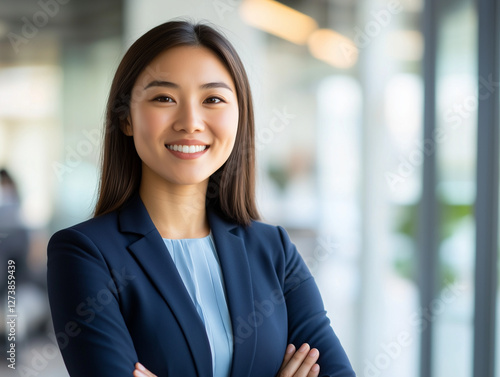 a portrait of an office manager in modern office setting, blured background, in a blue suit