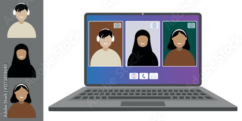 Video call conference, working from home. Colleagues of different nationalities and ages talk to each other on the laptop screen. Isolated illustration on white background in flat style trendy colors