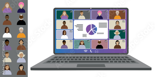 Video call conference, working from home. Colleagues of different nationalities and ages talk to each other on the laptop screen. Isolated illustration on white background in flat style trendy colors