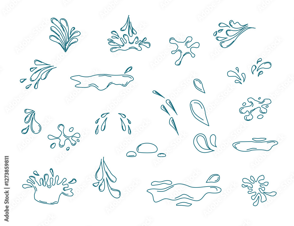 Obraz premium Set of waterdrops. Hand drawn waterdrop illustration. Set of versatile water splash vector illustrations. Collection of light blue water droplet and splash vector graphics.
