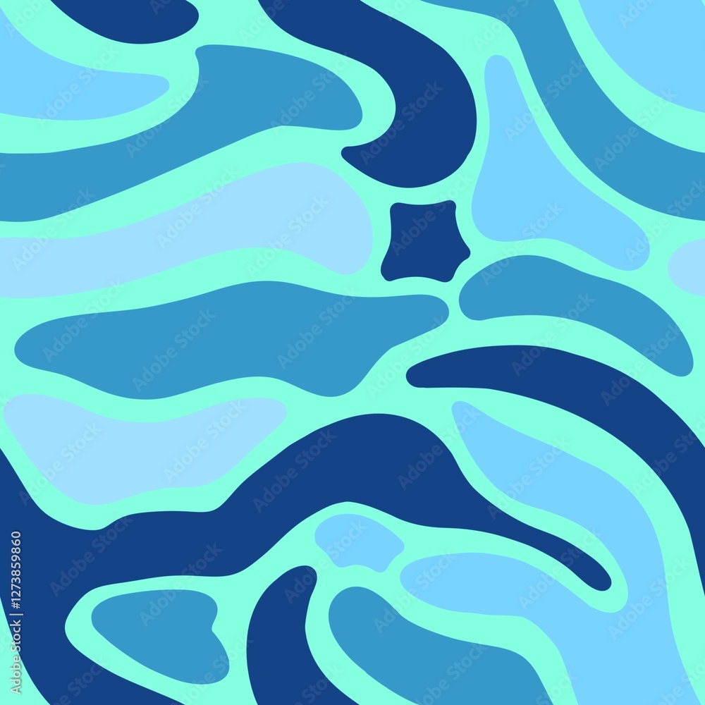 Wavy abstract shapes in blue on a turquoise background, seamless pattern Wavy abstract shapes in blue on a turquoise background, seamless pattern
