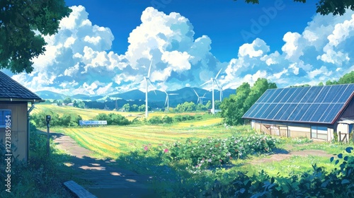 A serene landscape featuring a field, wind turbines, and a farmhouse under a blue sky.