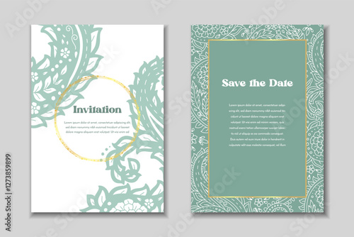 Two greeting cards templates set with paisley motifs. Wedding invitation with oriental decoration. Modern abstract stationary design.