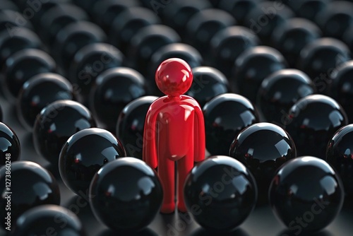 Red figure standing out among black spheres  - A small red figure standing in a sea of black spheres, symbolizing individuality and uniqueness.  