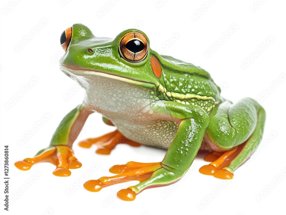 Obraz premium Green frog with orange feet is standing on a white background. The frog has a curious expression on its face