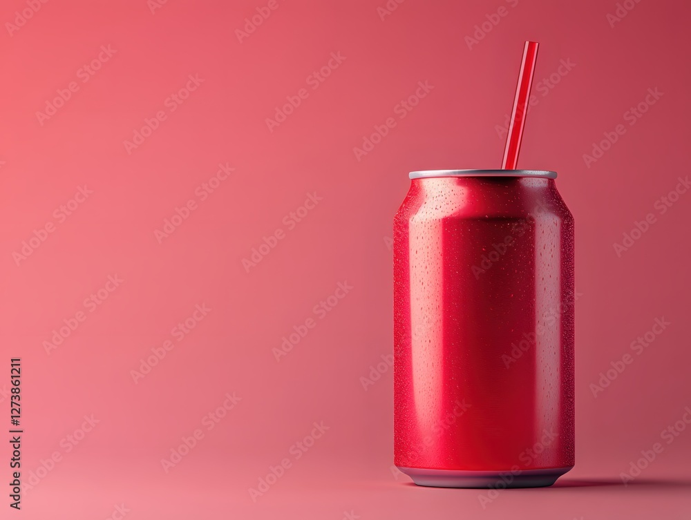Refreshing red soda can with straw on matching background creating a vibrant and modern vibe Refreshing red soda can with straw on matching background creating a vibrant and modern vibe