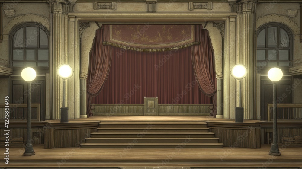 Fototapeta premium Antique Theatre Stage with Red Velvet Curtain and Marble Detail with Stairway