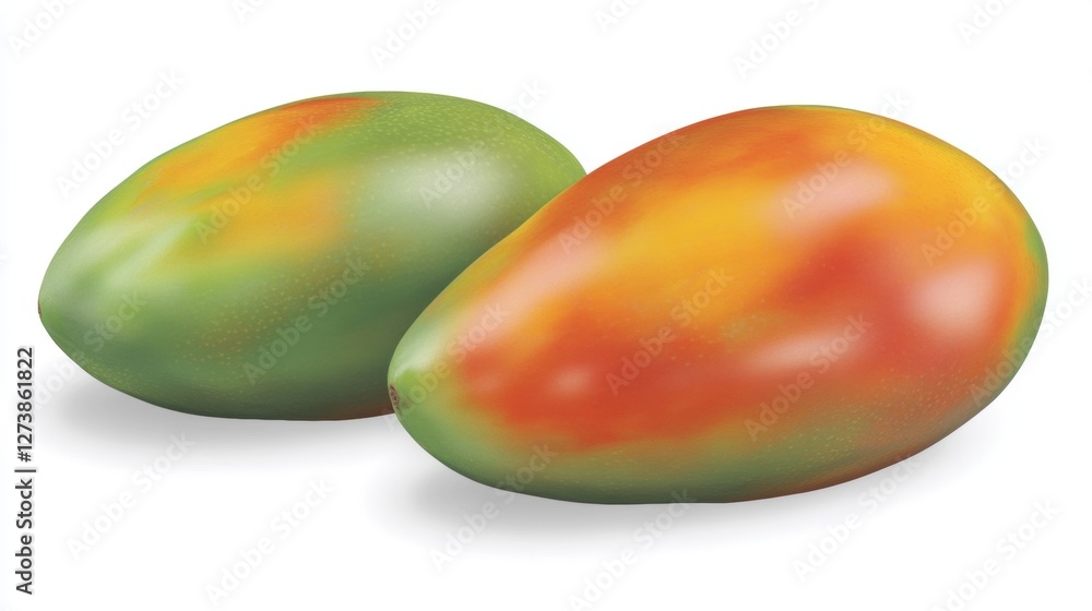 Two Ripe Mangos with Green and Red Skin Tones in Front of a White Background Still Life Two Ripe Mangos with Green and Red Skin Tones in Front of a White Background Still Life