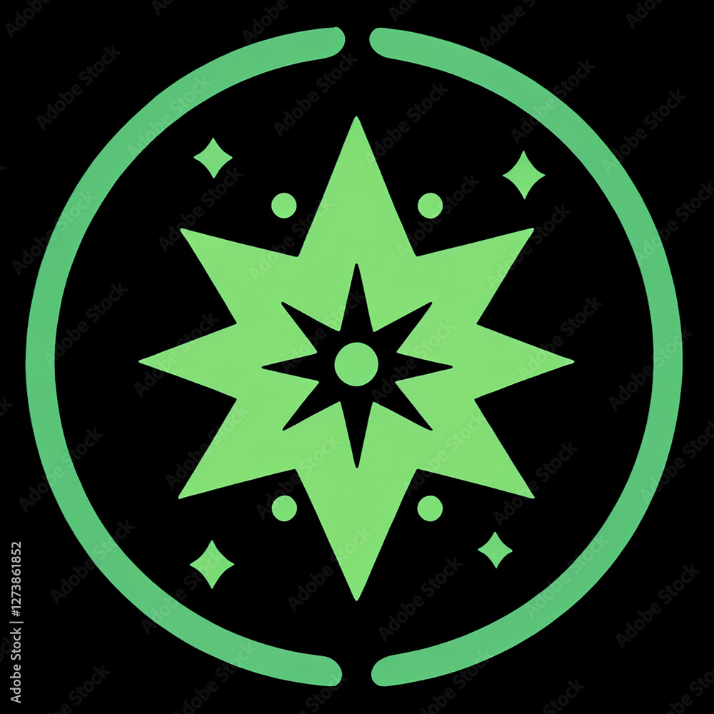 A radiant, eight-pointed green star glows brightly within a luminous circle, set against a dark backdrop. A radiant, eight-pointed green star glows brightly within a luminous circle, set against a dark backdrop.