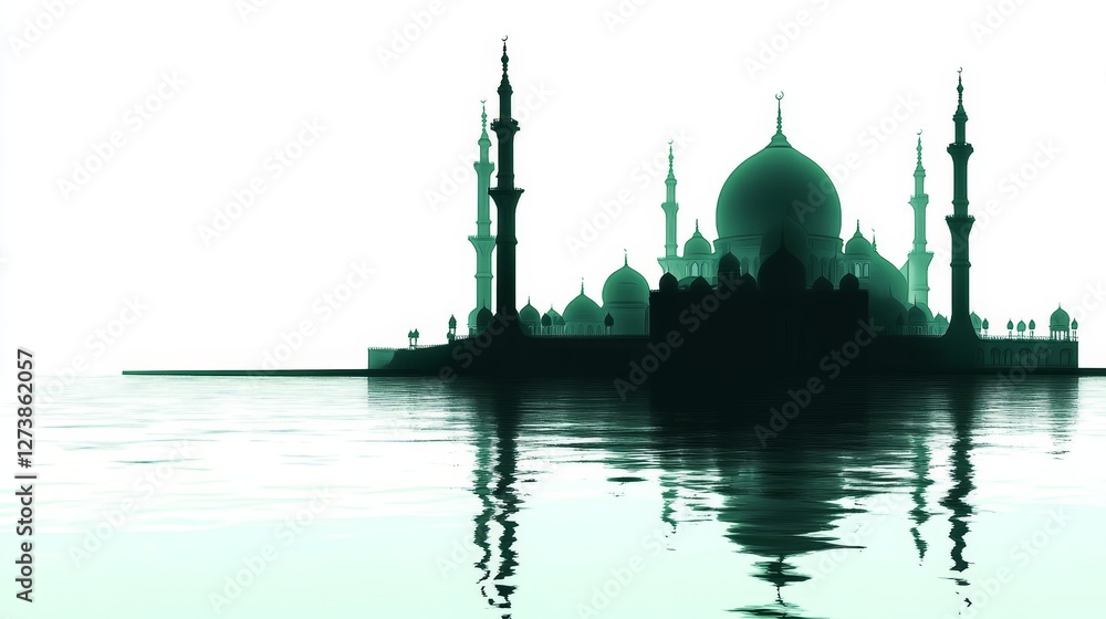 Fototapeta premium Green silhoutte of mosque. ramadhan wallpaper. mosque silhoutte.