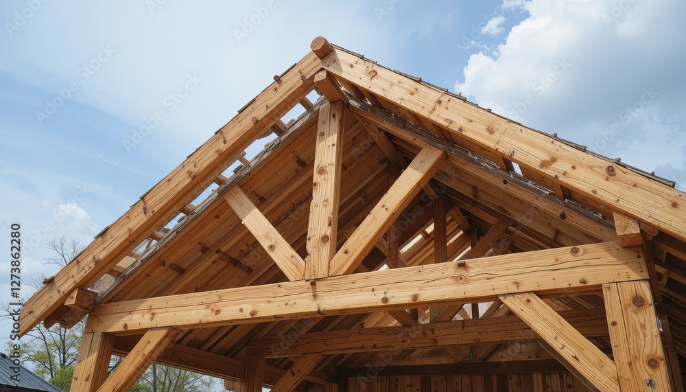Fototapeta premium Wooden roof structure construction site architectural detail outdoor upward view craftsmanship